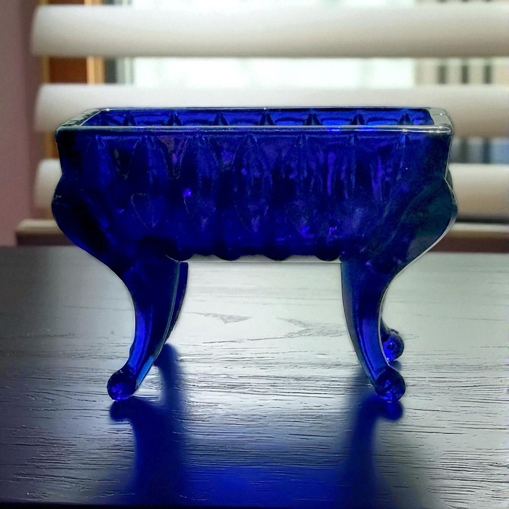 Vintage Indiana Glass Cobalt Blue Footed Trinket Box Candy Dish Cut Glass